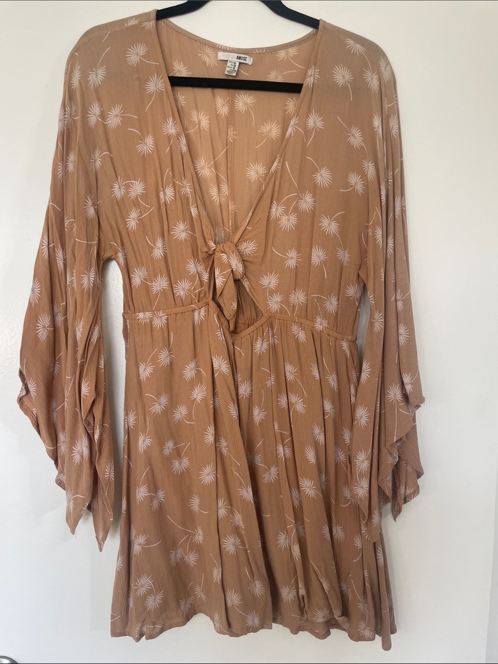 Amuse Society Tan Floral Long Sleeve Tie-Front Dress